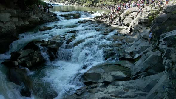 Overhead Top View of Waterfall Landmark in Ukrainian Carpathian Mountains alt