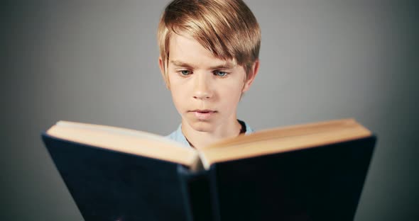 Focused Boy Reading Book Isolated