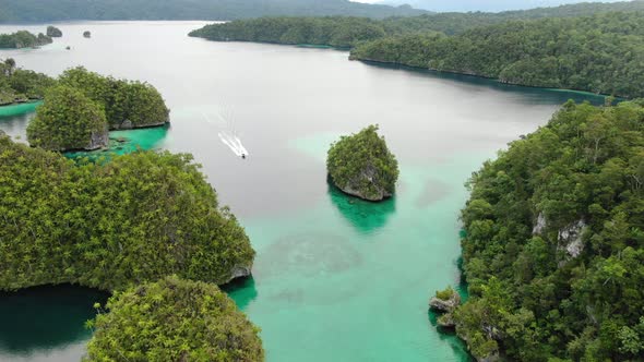 Triton Bay: Boat On Turquoise Sea And Green Tropical Trees In Kaimana Islands alt