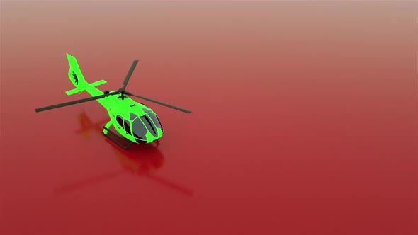 3D realistic animation helicopter stands on a red background and spinning blades looped animation