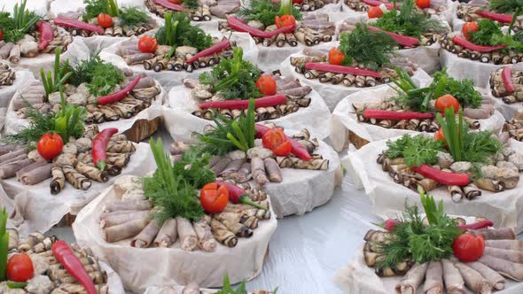 Lunch From Eggplant and Vegetables Outdoors