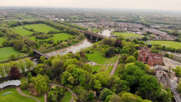 Aerial view of Avenham and Miller park in Preston on a cloudy day alt