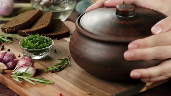 Putting Boiled Borsch on Board and Opening Closeup Cooking Soup Made of Beetroot alt