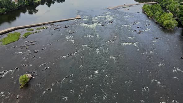 Scenic View of Delaware River Small Waterfall View Vertically Down From a Great Height in alt