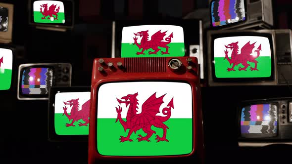 Flag of Wales on Retro TVs. 4K.