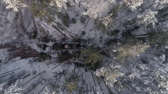 Top down Aerial view of harvester logging a trees in the winter forest 13 alt