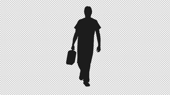 Black and White Silhouette of Man Walking with Suitcase, Alpha Channel