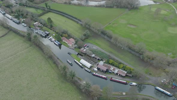 Canal Boat Houses, Narrowboats, Trent Lock, Long Eaton, Nottingham, Aerial Overhead, Dull Winter Day