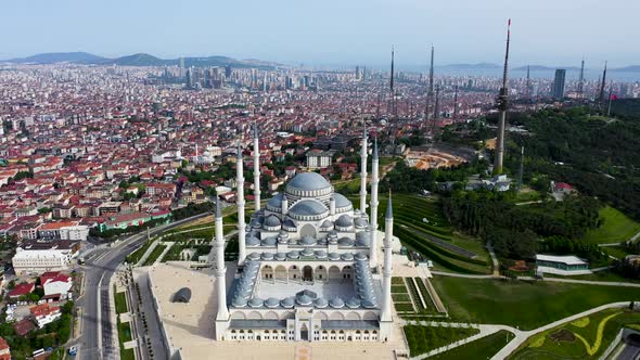 Aerial Drone View of Istanbul Camlica Mosque and Bosphorus alt