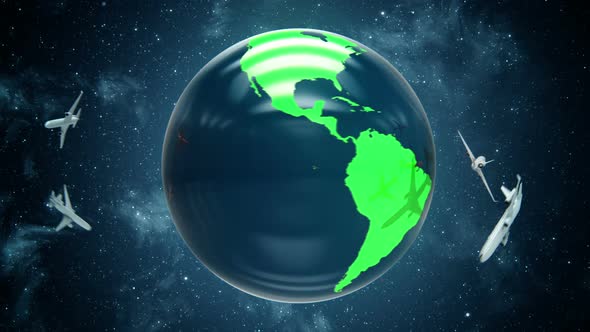 Conceptual animation of airplanes flying around the whole globe. Loopable. HD alt