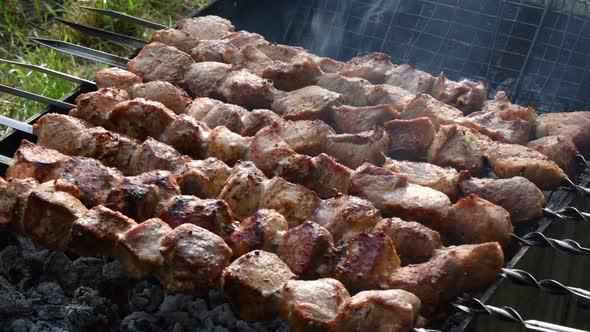 Barbecue grilled kebabs rotate on skewers at charcoal grill. Picnic food cooking outdoor