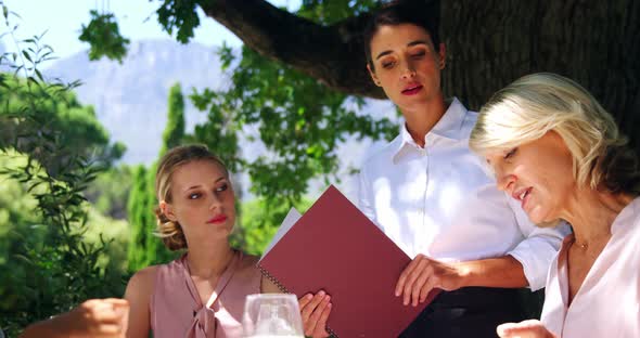 Waitress assisting customer while selecting menu alt