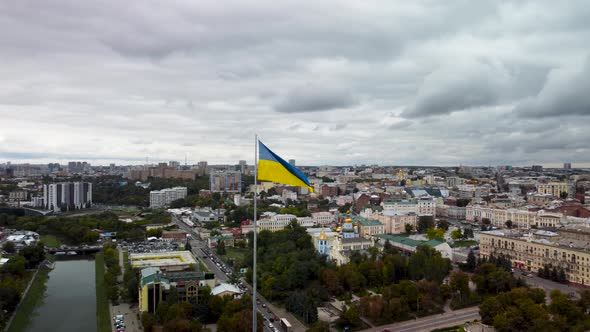 Flag of Ukraine, Kharkiv city center autumn aerial