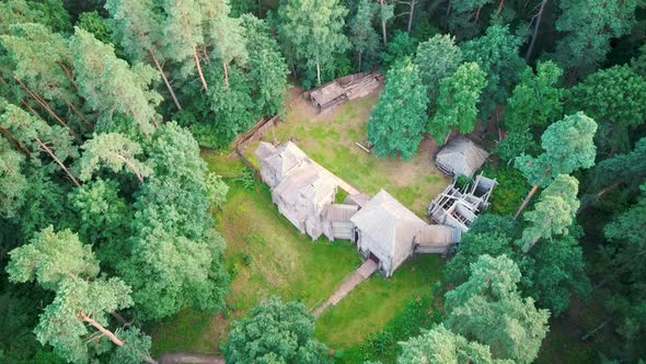 Reconstructed Wooden Castle of Semigallians in Tervete, Latvia Surrounded by Pine Forest. Aerial Dro alt