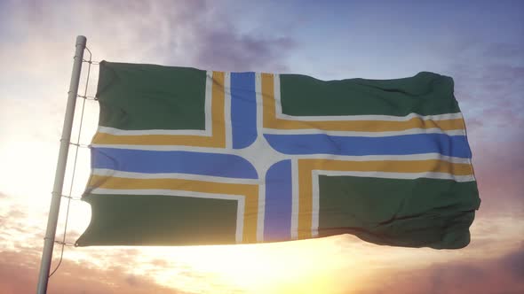 Portland City Flag City of USA Waving in the Wind Sky and Sun Background alt