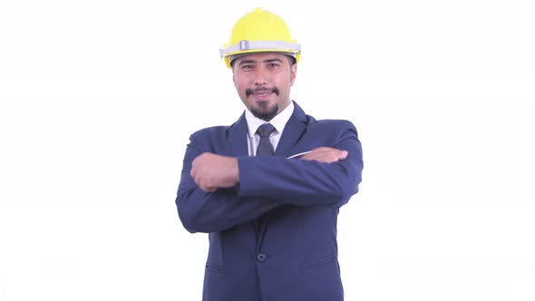 Happy Bearded Persian Businessman As Engineer Smiling with Arms Crossed alt