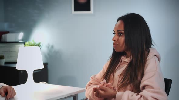 Psychologist Therapy Session Pretty Black Woman Emotionally Telling About Her Problems in Private alt