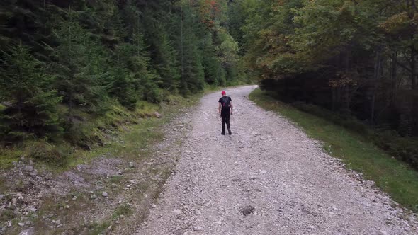 A Hiker on a Trail in Brasov Romania Foothills Mountains Drone Footage