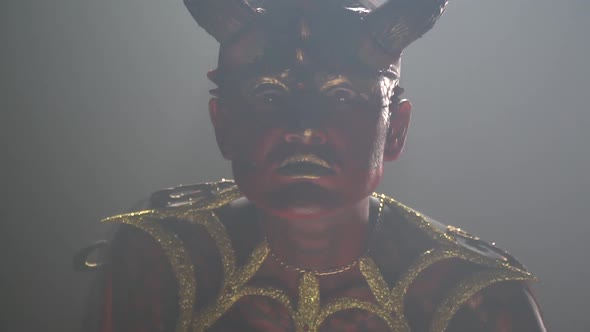 Smoky room, creepy demon woman with horns and red skin is looking alt