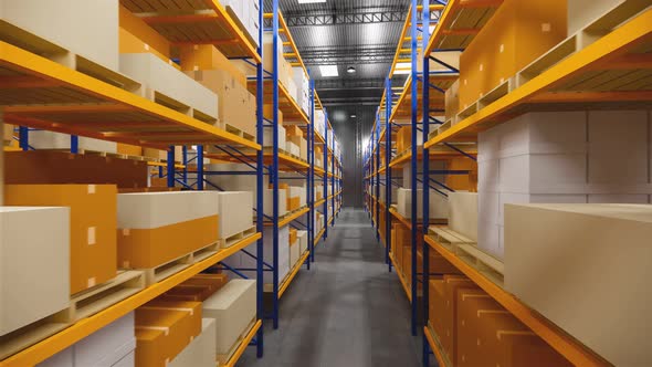3D rendering.Warehouse with cardboard boxes inside on pallets racks. alt