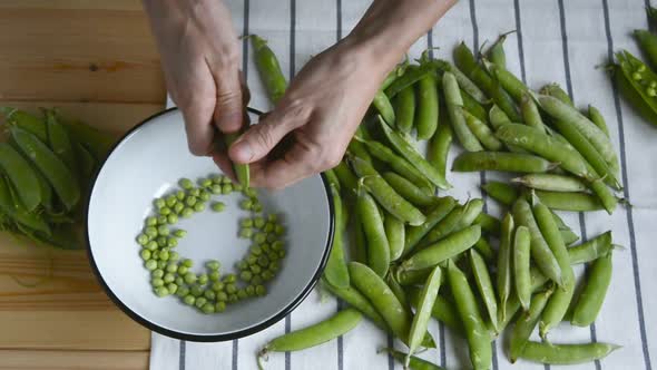 Mans Hand Shelling Fresh Ripe Green Peas Bean