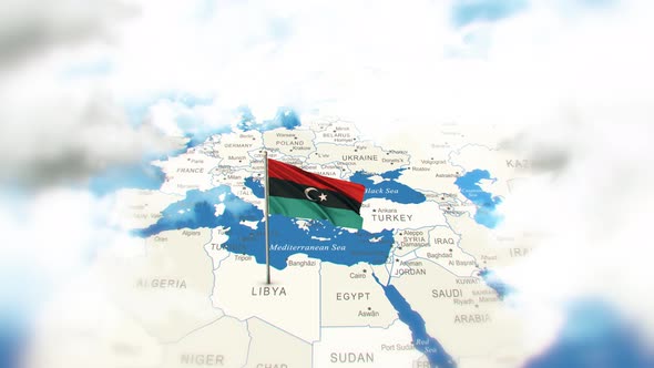 Libya Map And Flag With Clouds