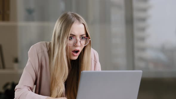 Shocked Caucasian Millennial Business Woman Female Student Worker User Receiving Bad News Message alt