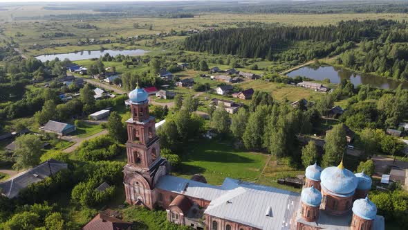 Aerial View Above Old Historical Church with Domes in Countryside of Kirov Region