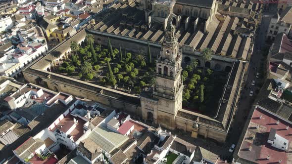Aerial ascending view over Mosque or Cathedral of Our Lady of Assumption, Cordoba in Spain