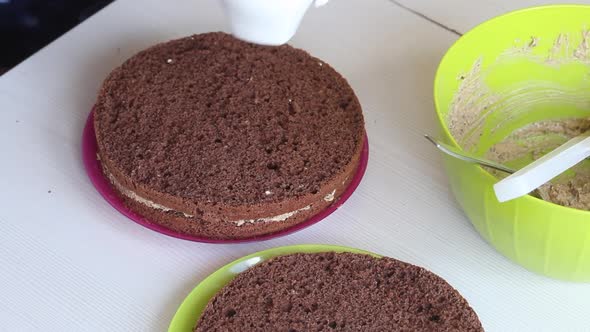 A Woman Impregnates Biscuit Cakes With Cream With Strawberry Liqueur. alt