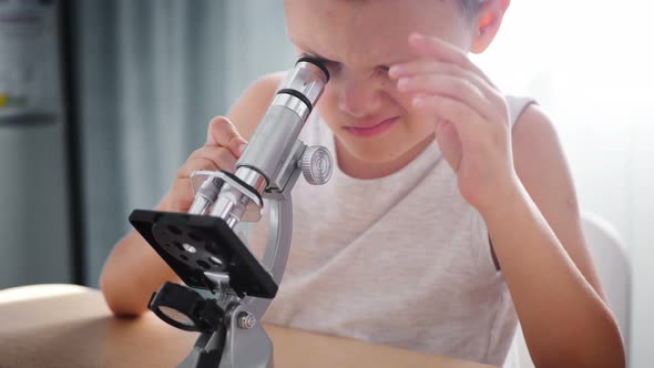 Child Baby Caucasian Little Boy Scientist Biologist Researcher Working with Microscope alt