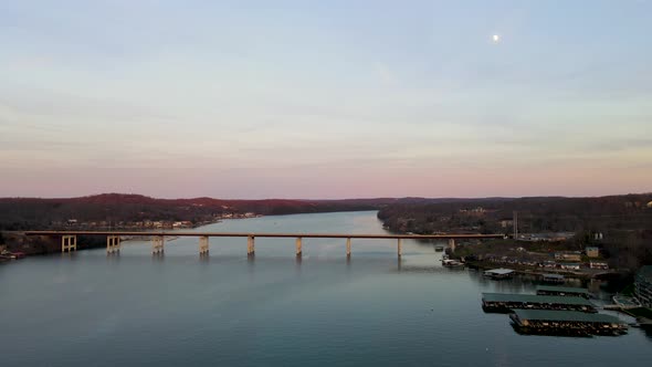 Beautiful Missouri Sunset with Bridge Crossing Lake of the Ozarks, Aerial alt