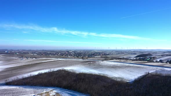 Aerial View Of Snow Farmland In Wine Region Near Zistersdorf In Weinviertel, Lower Austria. alt