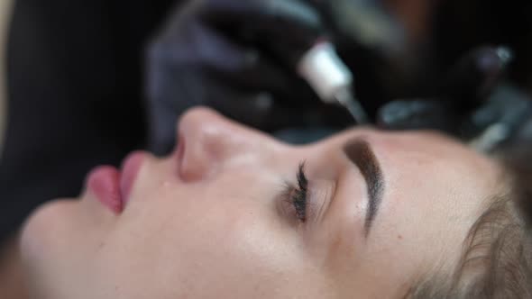 Side View Face of Woman with Tattooed Eyebrow and Blurred Beautician Hands Tattooing Second at alt