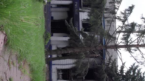 Vertical Video of a Burned Down Police Station in Ukraine During the War alt