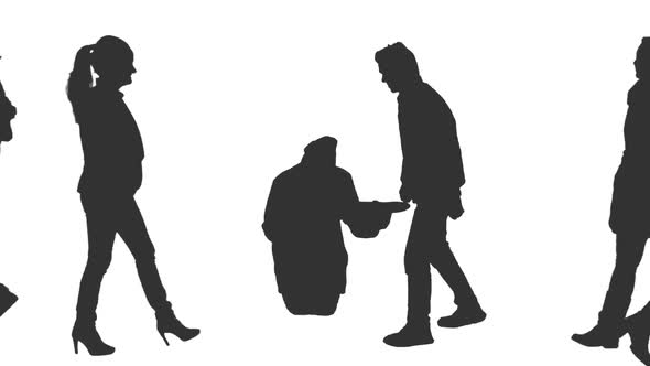 Silhouette of Walking People and Homeless Man Begging in the Street, Alpha Channel alt