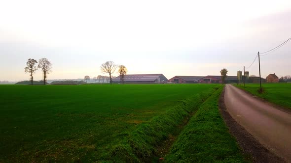 Aerial View of a Field with a Winding Asphalt Country Road Shot with a Drone alt