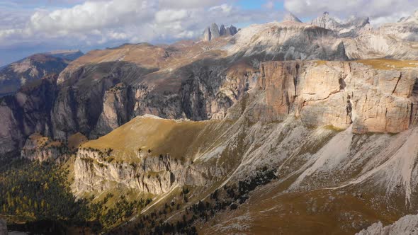 Aerial View of the Paso Gardena Pass in the Province of Bolzano. Dolomites. Flying Near the Pizes De