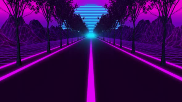 Retro neon loop. Road with trees and sunset.