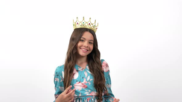 Charming Happy Child Share Pageant Queen Crown Isolated on White Selective Focus Glory alt