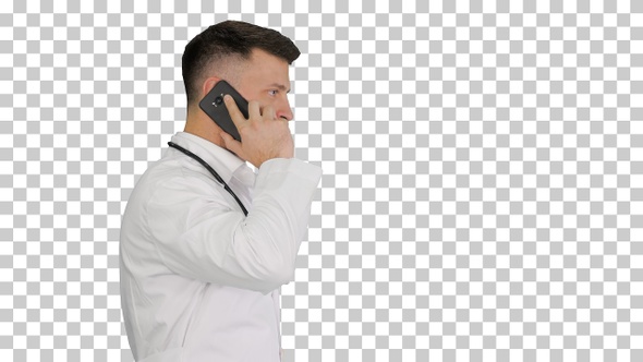 Medical doctor calling by phone walking, Alpha Channel alt