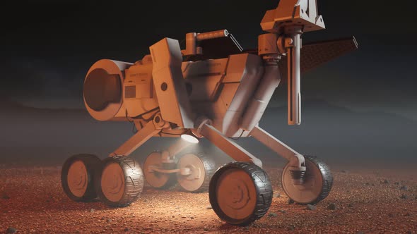 Planetary rover collecting soil samples. The solar power robot testing on Mars alt