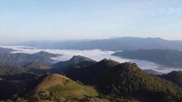 Aerial landscape view of greenery mountains and the sea of fog by drone