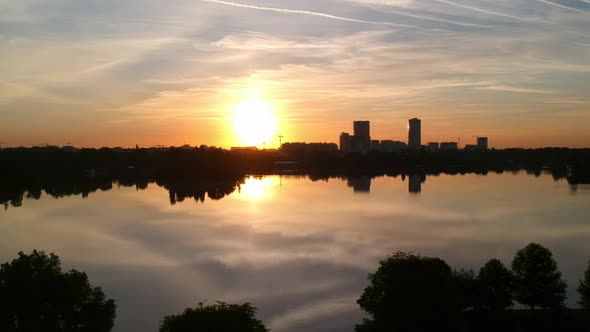 City skyline  aerial view at sunrise Bucharest , Romania alt