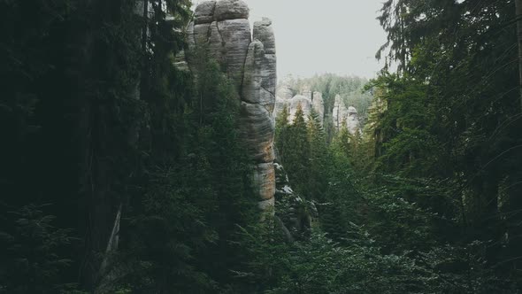 Adršpach-Teplice Rocks national park filmed from drone. Green forest with rocks like background