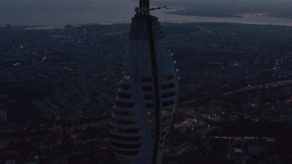 Spectacular View of Skyscraper Building, Istanbul TV Tower on Hill, Turkey at Dusk, Aerial Drone alt