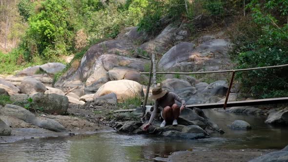 Slow motion of a woman playing with water and a dog by the waterfall