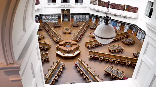 Looking down on the State Library of Victoria - empty due to COVID-19 restrictions in Melbourne, Aus alt