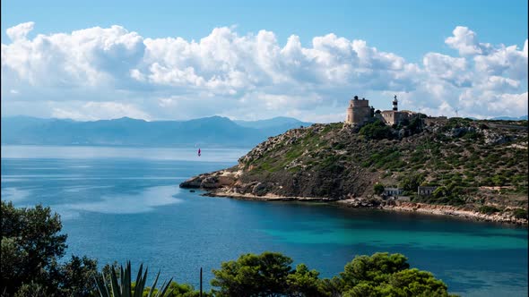 time lapse Lighthouse on mountain overlooking the mediterranean sea