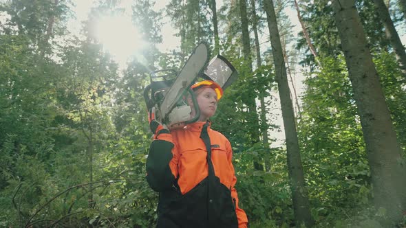 Portrait of a Female Logger Standing in the Forest Young Specialist Woman in Protective Gear Holds a alt